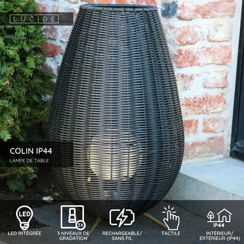 Lucide COLIN IP44 - Lampe de table Rechargeable Intérieur/Extérieur - Batterie/Piles - LED 3 StepDim - 1x3W 3000K - IP44 - Noir - USP